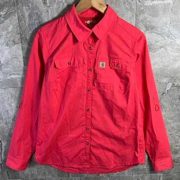 Carhartt Tops - Carhartt Ridgefield Shirt S (4-6) Force Hot Pink Work Roll Tab Vented Collared
